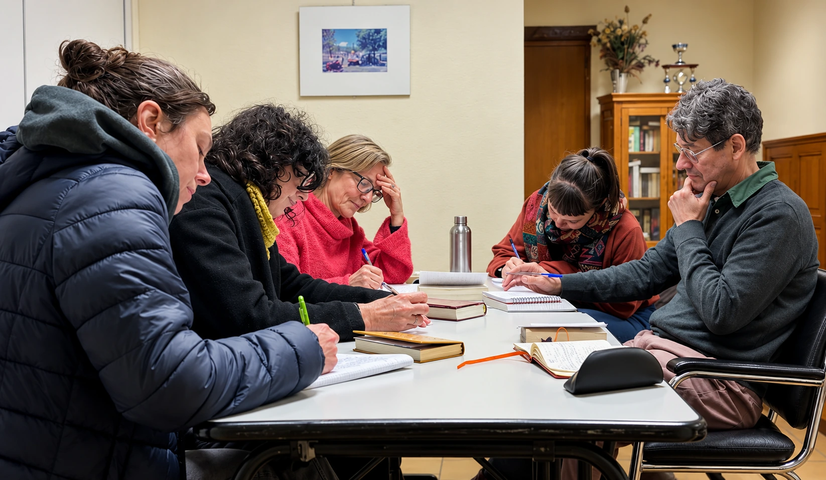 Un groupe réuni autour d’une table pour un atelier de lecture et d’écriture.